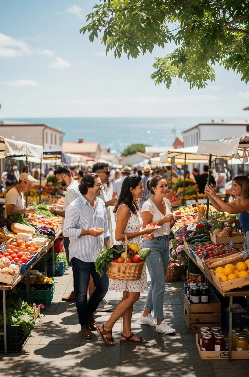 Charming coastal town street lined with colorful shops and palm trees, perfect for an overnight stop.